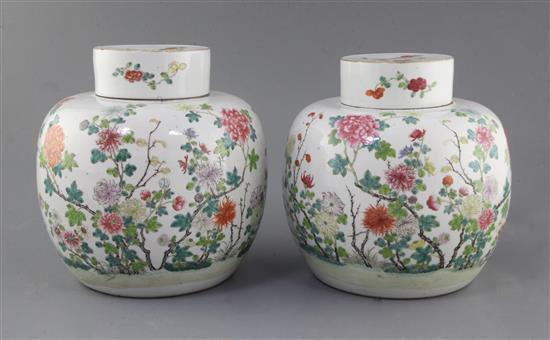 A pair of Chinese famille rose globular jars and covers, late 19th century, height 21.5cm, slight firing faults